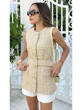 Zara Women's Textured Tweed Waist Coat Belt Long Vest Size M Blogger Fav